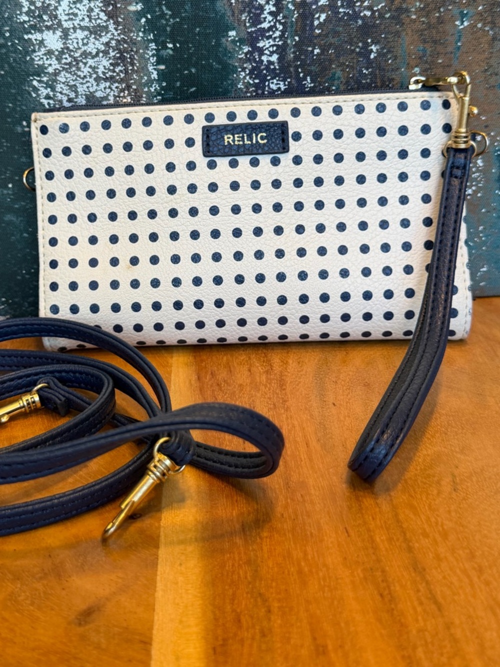 Relic By Fossil Classic Blue/White Polka Dot Wristlet Crossbody (GUC)